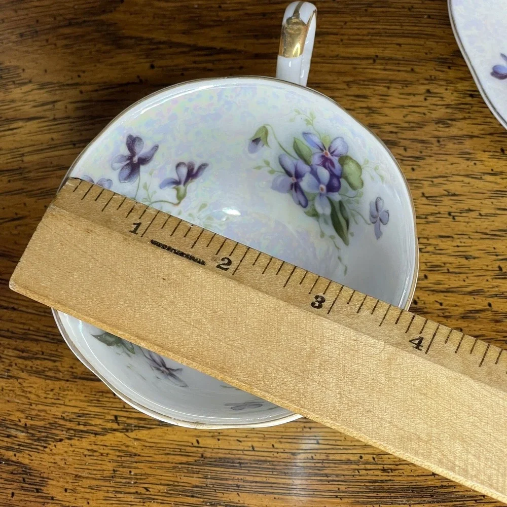 Vintage Del Mar Japan Painted Pedestal Teacup Saucer Violets Lusterware 24k‎